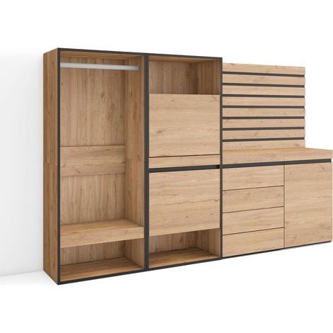 Skraut Home – Meuble à chaussures 60x35x145cm – 2 compartiments avec portes abattantes – Mélamine chêne et noir – Style moderne, rangement pratique
