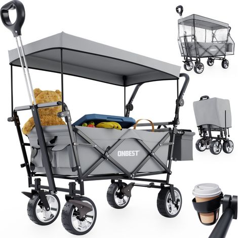 Chariot à bras chariot de transport pliable avec toit et housse amovible inclus sac isotherme Gris (1/5)