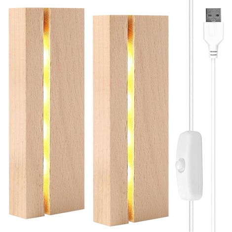2 Pièces Socle Lumineux Led Bois, Bases d'éclairage LED Rectangulaires en Bois, Base Led Lumineuse Support LED avec Interrupteur Usb pour cristal plaque acrylique de 3 mm d'épaisseur (1/5)