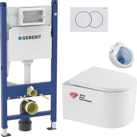 Geberit – Pack WC bâti-support 112cm – Cuvette sans bride en céramique – Abattant SoftClose avec frein de chute – Plaque de commande blanche