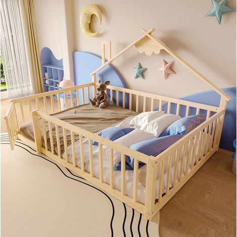 MODFU – Lit cabane 140x190 cm pin/MDF – Barrière verrouillable et sommier lattes – Design maison – Chambre – Naturel (1/5)