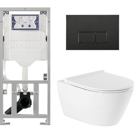 QeramiQ Salina Pack WC - sans bride - réservoir encastré Geberit - à fond creux WC suspendu - fermeture douce - déverrouillage rapide - panneau de