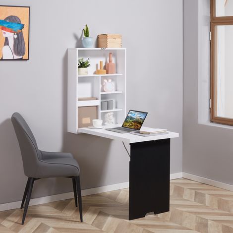 Wandklapptisch mit Hängeregal und integrierter Kreidetafel, weißes MDF