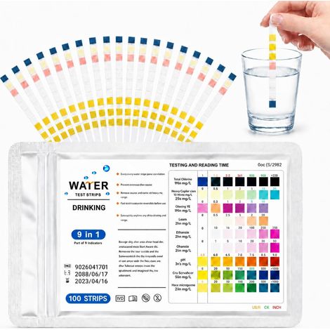 100 Pièces Bandelettes Test Eau Aquarium 9 en 1, Analyse de l’Eau Robinet Plage de pH 4.0-8.0, Kit Test Rapide pH GH KH Chlore Cuivre pour Bassin Usage Maison Aquariums Les Piscines (1/5)
