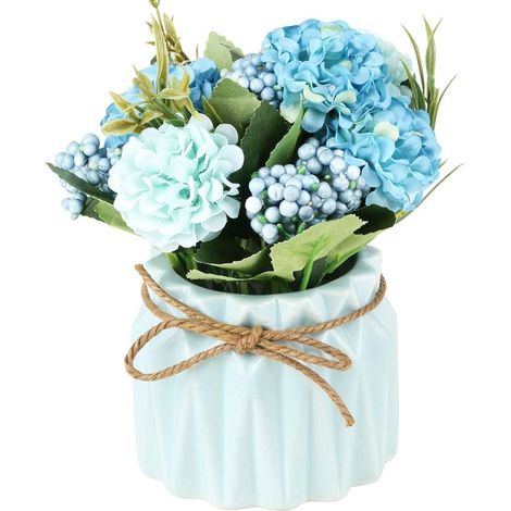 1 Bouquet hortensias artificiels, fleurs en soie bleues, pot en céramique, décoration intérieure salon chambre (1/5)