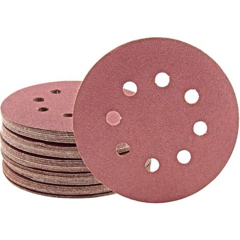 Disques abrasifs auto-agrippants 125 mm – Lot de 50 – Grain G80 – 8 trous pour ponceuses excentriques – Corindon normal pour bois dur – Miotools