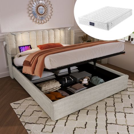 FLORAGRACE Lit coffre 140x200 cm en lin beige avec tête de lit, liseuse, 2 ports USB, sommier à lattes relevable (1/5)