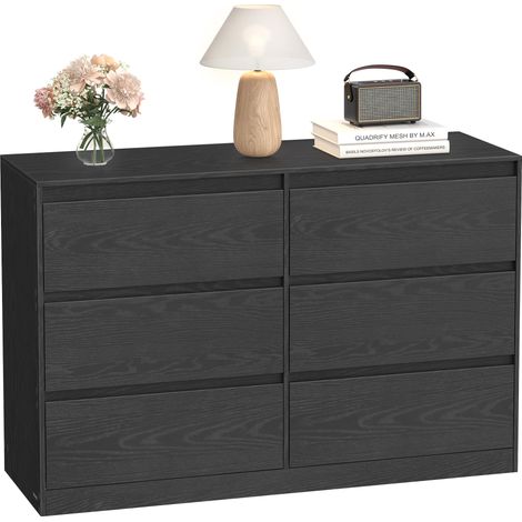 VASAGLE KAILYN Collezione - Cassettiera con 6 Cassetti, Comò Mobile con Cassetti, Porta Abiti, 40 x 119,4 x 75 cm, Stile Moderno, Nero Ebano LTS616B01 (1/5)
