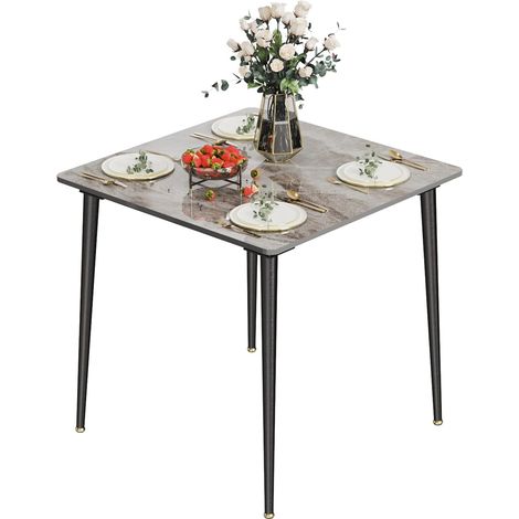 Esstisch Marmor Optik, 80×80cm Küchentisch Esszimmertisch für 4 Personen, Rechteckig Tisch mit rutschfesten Beinen aus Metall, Modern Design, Hellgrau