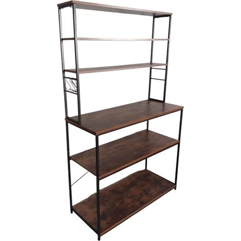 Étagère cuisine, 6 tablettes, plan de travail, HxLxP 167x100x40 cm, support micro-ondes, marron/noir (1/5)