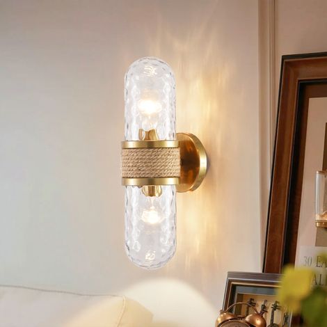 Parrot Uncle Modern 2-Light Wall Light with Glass Shade and Rattan Detail, Gold Indoor Wall Lamp for Bedroom Living Room Hallway (1/5)