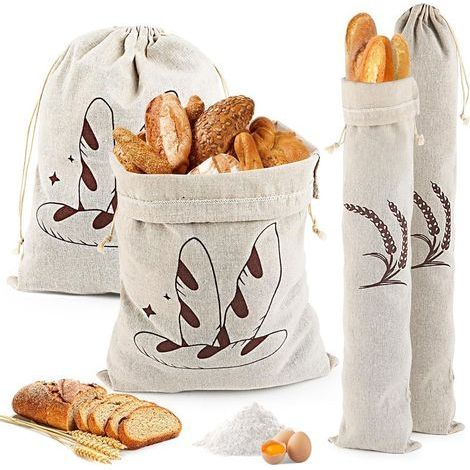 Brotbeutel – Wiederverwendbares Naturleinen mit Kordelzug – Für Brot, Obst und Gemüse – 30 x 40 cm und 15 x 66 cm – 4er-Set (1/5)
