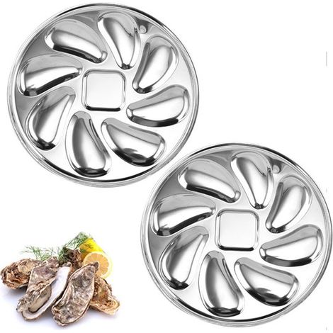 Juego de 2 piezas de conchas redondas para ostras, Acero inoxidable, Plato para postres, Fácil de limpiar, 23 x 23 cm, Apto para ostras, Plateado (1/5)