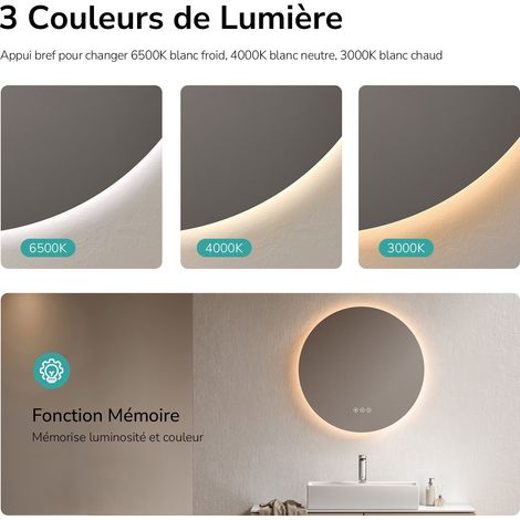 EMKE Miroir lumineux salle de bain rond diamètre 50cm, Miroir LED rétro-éclairage avec Interrupteur Tactile, Anti-buée, Miroir avec éclairage Lumière Blanche Froide/Neutre/Chaude
