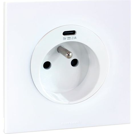 Prise 2P+T 16A + USB 2,1A type C complet avec griffes et plaque - SQUARE EASY blanc - Eur'Ohm
