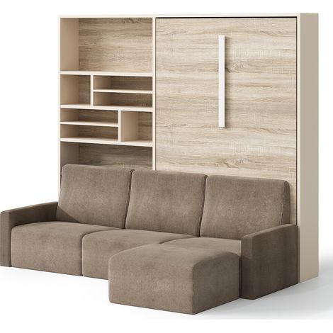 Les Tendances – Lit escamotable vertical 140x190 cm – Canapé d'angle 4 places – Bibliothèque intégrée – Structure en chêne clair – Tissu imperméable camel (1/4)