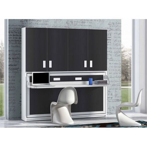 Lit escamotable 90x190 P 34cm anthracite avec étagères et bureau Miko (1/5)