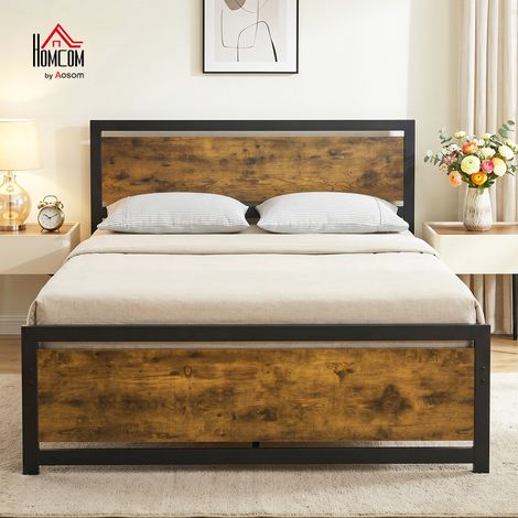 Cadre de lit Queen Size en bois et acier avec lattes de style industriel. 140x200cm.