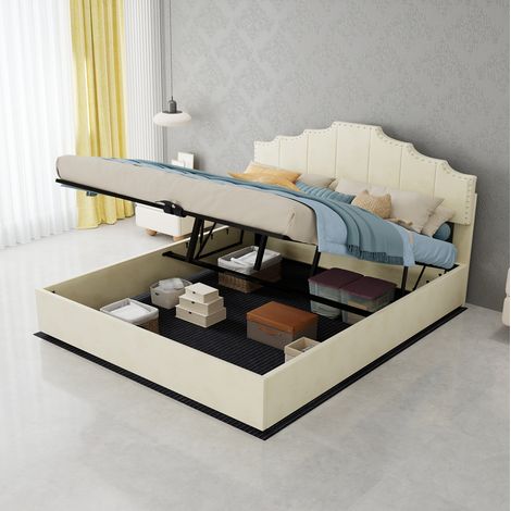 Letto moderno minimalista in tessuto beige 160x200 cm con testiera geometrica imbottita e rete a doghe (1/5)