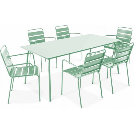 Ensemble table de jardin et 6 fauteuils en métal vert sauge - Palavas