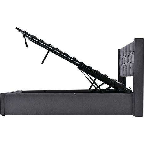 Lit double rembourré hydraulique 160 x 200 cm, lit avec sommier à lattes en cadre métallique, cadre de lit moderne avec rangement, coton, gris (1/5)