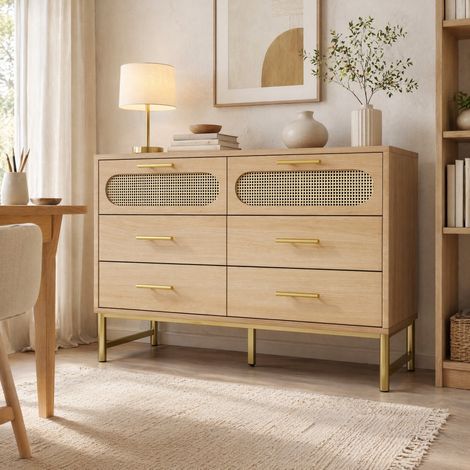 MEUBLIV Commode 120 x 40 x 74 cm coloris chêne Sonoma – 6 tiroirs, style rotin (1/5)
