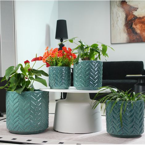 Keramik-Blumentopf Ø24,5 cm Aqua-Blau mit Chevron-Relief und Drainageloch OKMYHOME (1/5)