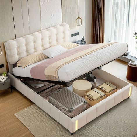 Bett mit Stauraum - Doppelbett mit beigem Stauraum und Lattenrost 140x200 cm - Spanplatten - LED-Beleuchtung - Samt
