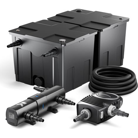 Wiltec Komplettset: CBF-350B Teichfilter bis 60000 L Teichfilteranlage als Durchlauffilter, NEO10000 SuperECO Teichpumpe 10000l/h 80W, CUV-236 Teichklärer UVC Klärer mit 36W, 25m Teichschlauch 25 mm (1/5)