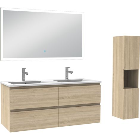 Ensemble meuble de salle de bain 120cm, vasque céramique + colonne haut + miroir lumineux, chêne