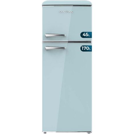 Cecotec Frigorífico 2 Puertas Retro de 215 L Bolero CoolMarket 2D Origin 215 Blue E. Altura 148,2 cm y 55,2 cm de Ancho, Luz, Tirador Cromado, Bandejas Cristal, Control de Temperatura, Azul