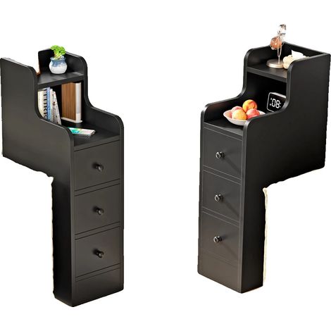 Comodino con 3 cassetti, design salvaspazio, nero (1/2)
