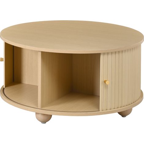 Ensemble meuble TV incurvé et table basse ronde en MDF naturel avec portes coulissantes et poignées métalliques (1/5)