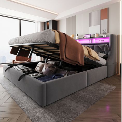 MEUBLIV Polsterbett 180x200 cm Grau – Stauraum, LED und Kopfteil, ohne Matratze (1/5)