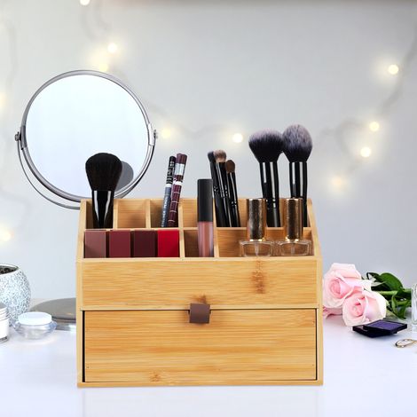 Relaxdays Kosmetik Organizer, Make up Organizer mit Schublade,  Pinselhalter, Bambus, HxBxT: 19 x 25,5 x 12,5 cm, natur
