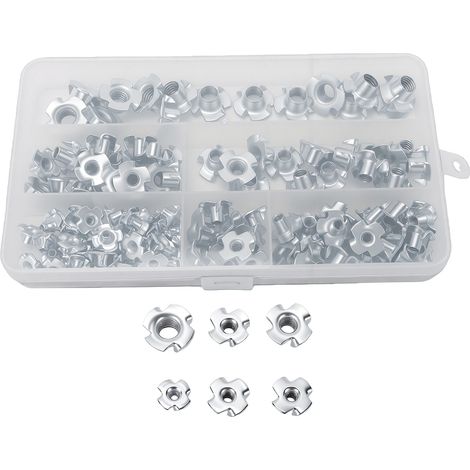Set di 120 dadi a T a 4 lati zincati con filettature M3, M4, M5, M6 e M8 per l'assemblaggio di mobili e serramenti. (1/5)