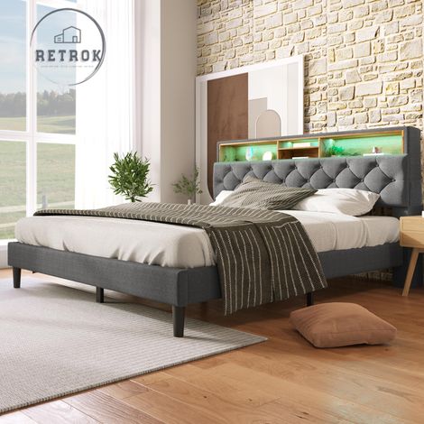 Lit capitonné double 140x200cm avec LED, Espace de rangement sur tête de lit, Sommier à lattes en bois massif, Tissu en lin, Gris (1/5)