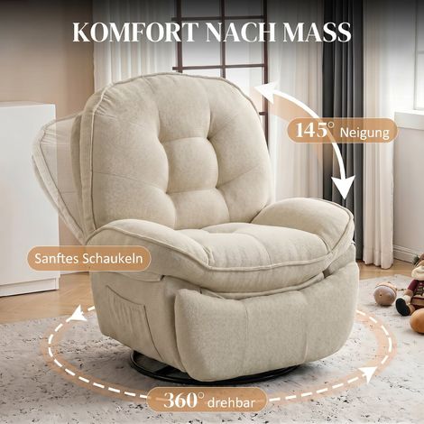Fauteuil relax Chenille, inclinaison manuelle, pivotant 360° avec large assise, dossier haut, blanc crème (1/5)