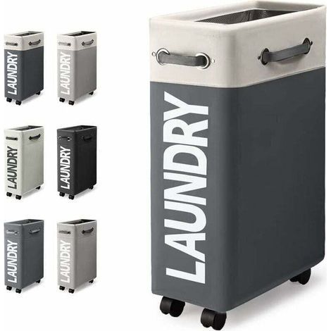 Panier à Linge Pliable 45L Mince avec 4 Roues Bac à Buanderie Rectangulaire Rangement Vêtements Maison Blanc Gris Foncé (1/4)