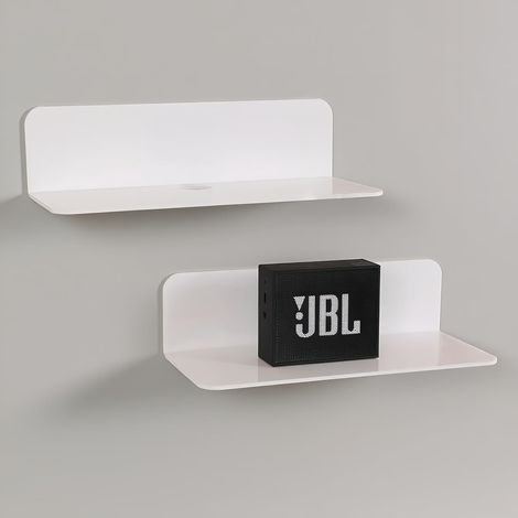 JSSEVN - Set of 2 floating wall shelves in thick, self-adhesive acrylic, for bedroom, bathroom, living room with cable clips, White (1/5)