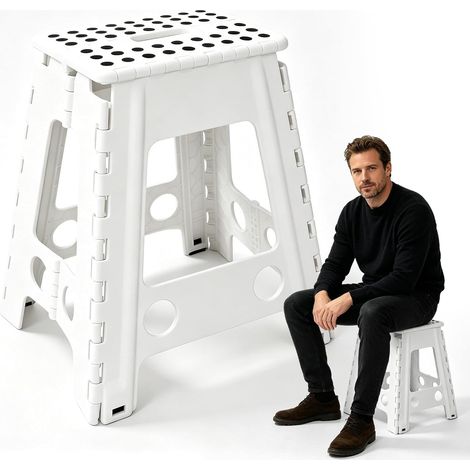 Tabouret Pliant Blanc - 1 Unité - Plastique Robuste - Charge 150 Kg Antidérapant - Cuisine Salle de Bain Salon - 45 cm de Hauteur (1/5)