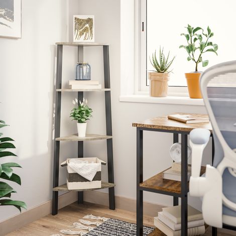 Étagère d'angle vintage 4 étagères – Cadre métal gris – Dimensions 34x34x125 cm – Charge 5 kg par étagère – Meuble de rangement bureau – Meerveil (1/5)