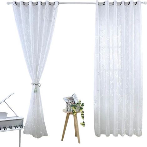 Voilage 100 x 250 cm, blanc, polyester à motif feuilles, passe-tringle (1/4)