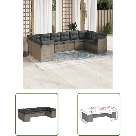 The Living Store 10-tlg. Garten-Sofagarnitur mit Kissen Grau Poly Rattan - Gartenmöbel - Outdoor Möbel - Rattan Sofa - Lounge Set - Gartenlounge (1/3)