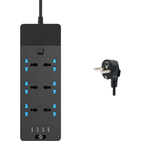Multiprise avec protection contre les surtensions, plusieurs prises et ports de chargement USB, câble d'extension de 1,8 mètre, convient pour la maison, le bureau, les dortoirs et l'extérieur, noire ( (1/5)