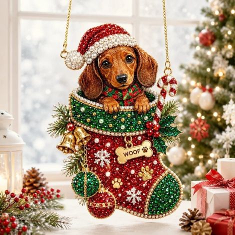 Nouvelle peinture diamant de Noël attrape-soleil - Chaussette de Noël teckel - 15 cm
