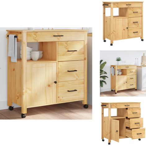 Chariot de cuisine MONZA 84x40x90 cm bois massif de pin - Chariot De Cuisine - Chariot À Légumes - Meuble De Rangement - Mobilier De Cuisine - Étagère Murale (1/5)