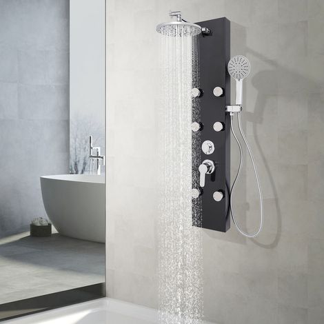 Colonne de douche avec pommeau de douche effet pluie, système de panneau de douchette mural haute pression acier inox brossé 110 cm, avec 6 jets corporels, douchette à main, noir (1/5)
