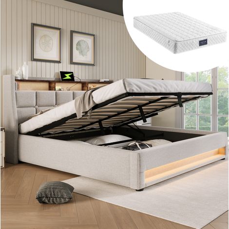 MEUBLIV Bett 140x200 cm Beige – LED, USB und Stauraum mit Matratze (1/5)