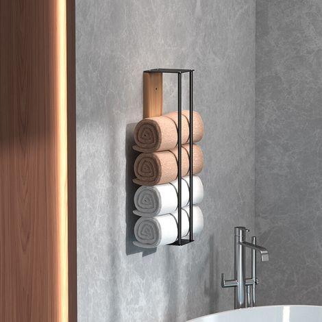 Porte-serviettes mural – Panneau en bois – Accessoire universel pour salle de bain/piscine – Acier au carbone – Noir